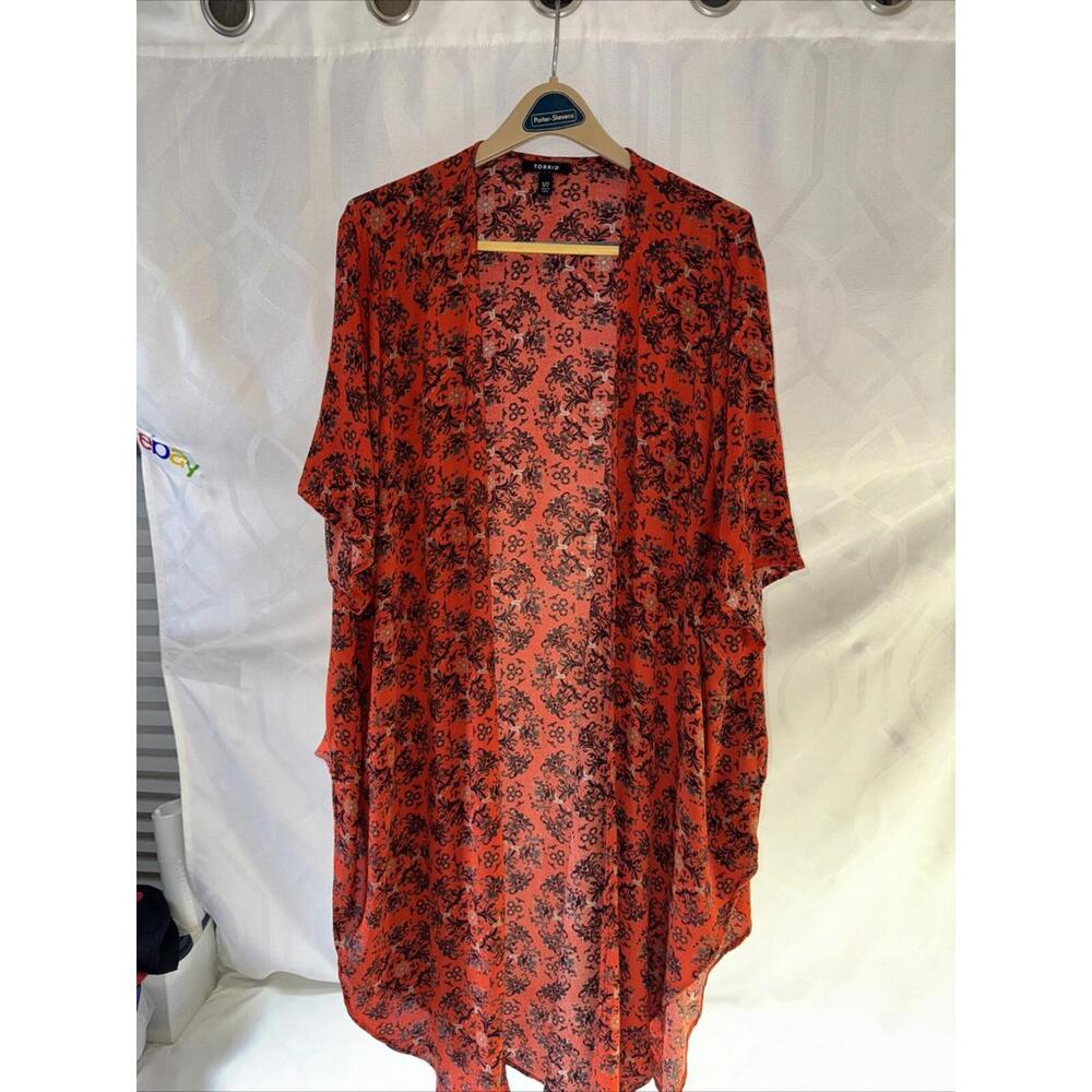 Torrid 1/2  Plus Kimono Orange Red Floral Print Open Front Coverup BOHO Nice !!!